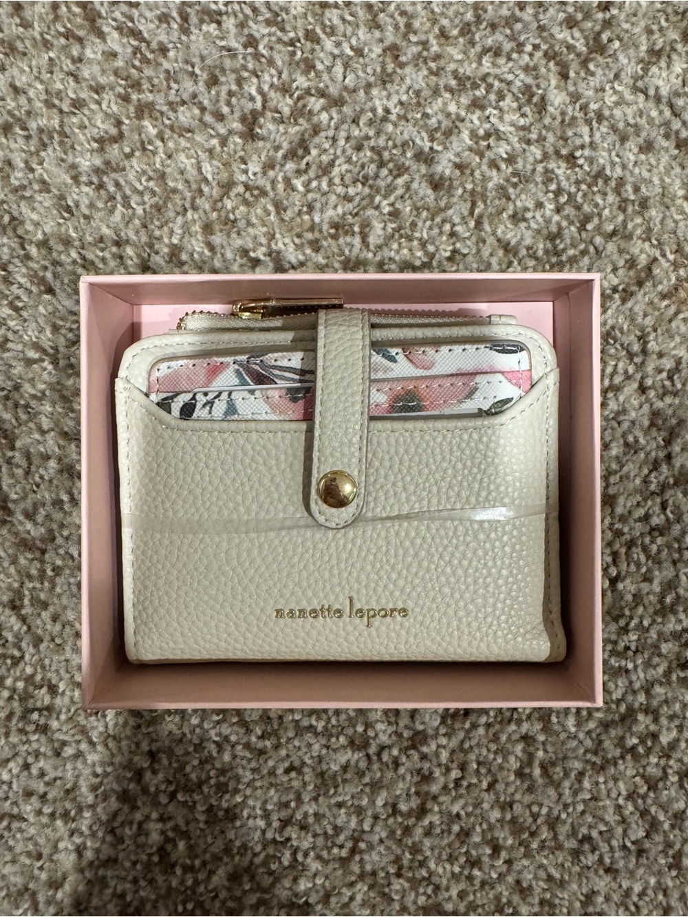 Nanette Lepore Cream Pebbled Card Wallet with Floral Interior